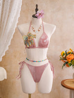 Women embroidery flower glitter metallic bikinis sets 3pcs with split mini skirt swimsuit bathing suit beach outfits biquini