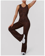 Sexy Brown Leopard Print Yoga Jumpsuit Women Hollow Out Backless Sleeveless Slim Gym Running One Piece Flare Pants Sports Suit