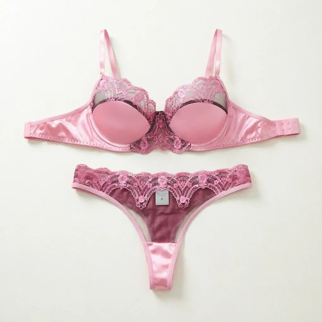 Women's Romantic Pink Lace Lingerie Set Padded Balconette Bra + Sheer Thong Satin Trim Date Night/Valentine's Underwear ZA824289