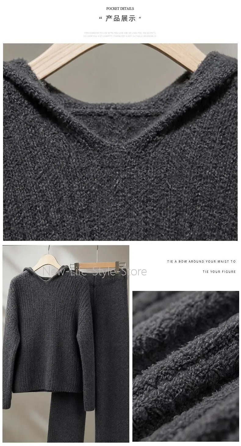 Soft Vertical Texture Loose Wearable Outside Autumn Winter Sleepwear Women Korean Lazy Style Hooded Half Velvet Pajama Set