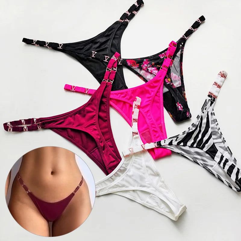 Sexy Thong for Women Underwear Briefs Seamless Panties Flower Low Rise Luxury Metal Buckle G String Bikini Girls T Pants Panty