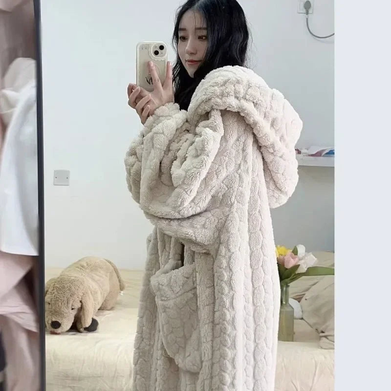 Pocket Robe for Women Sleepwear Winter Nightdress Night Wears Warm Fleece Pajama One Piece Nightgown Hooded Sleeping Homewear