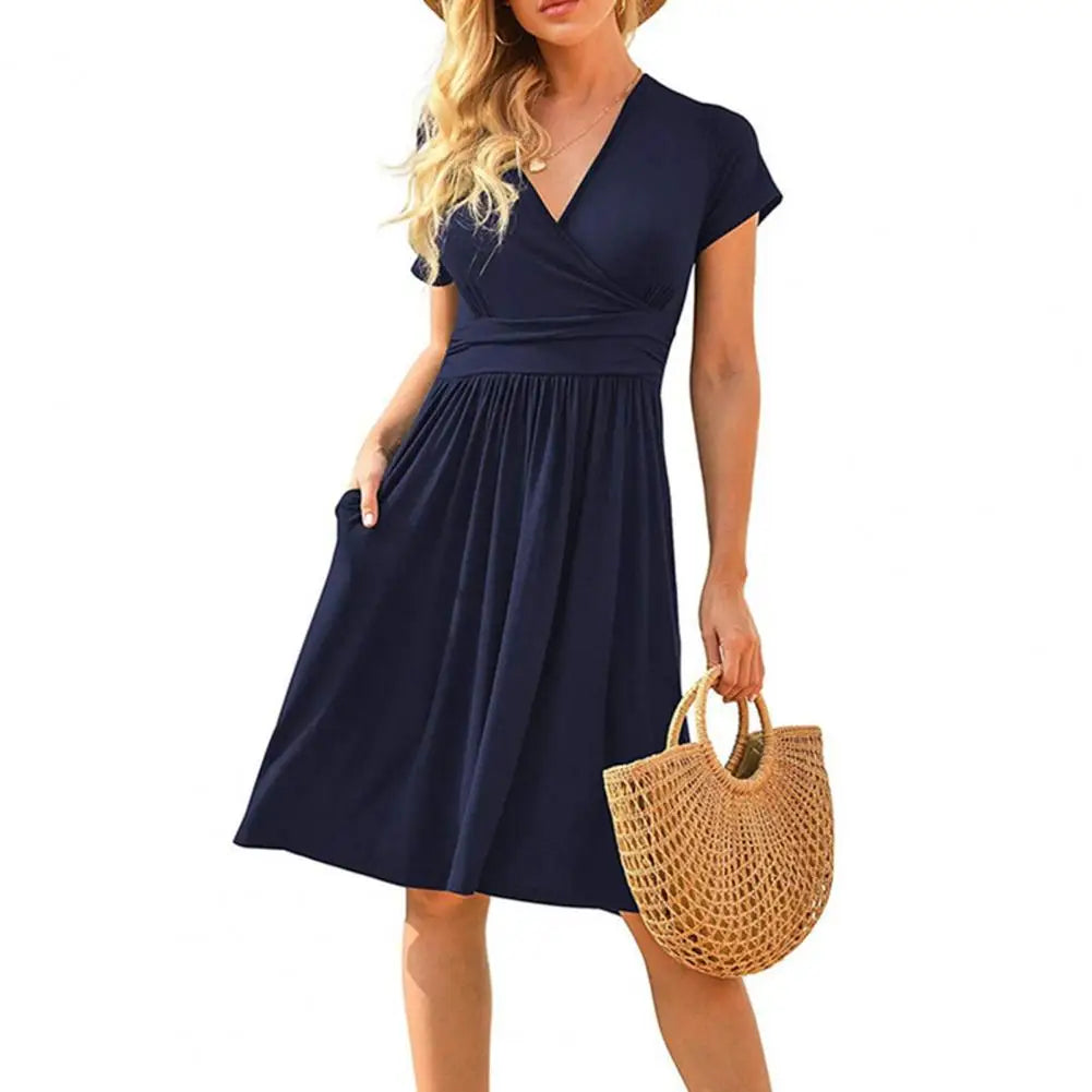 Women Dress Short Sleeve V-Neck Flowy Dress Casual Pleated A-line Swing Dress with Pockets Summer Beach Sundress