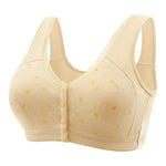 Mid-aged Women Bra Elastic Lace Shoulder Strap Front Button Closure Bra Printed Shockproof Push-up Wireless Mother Bra