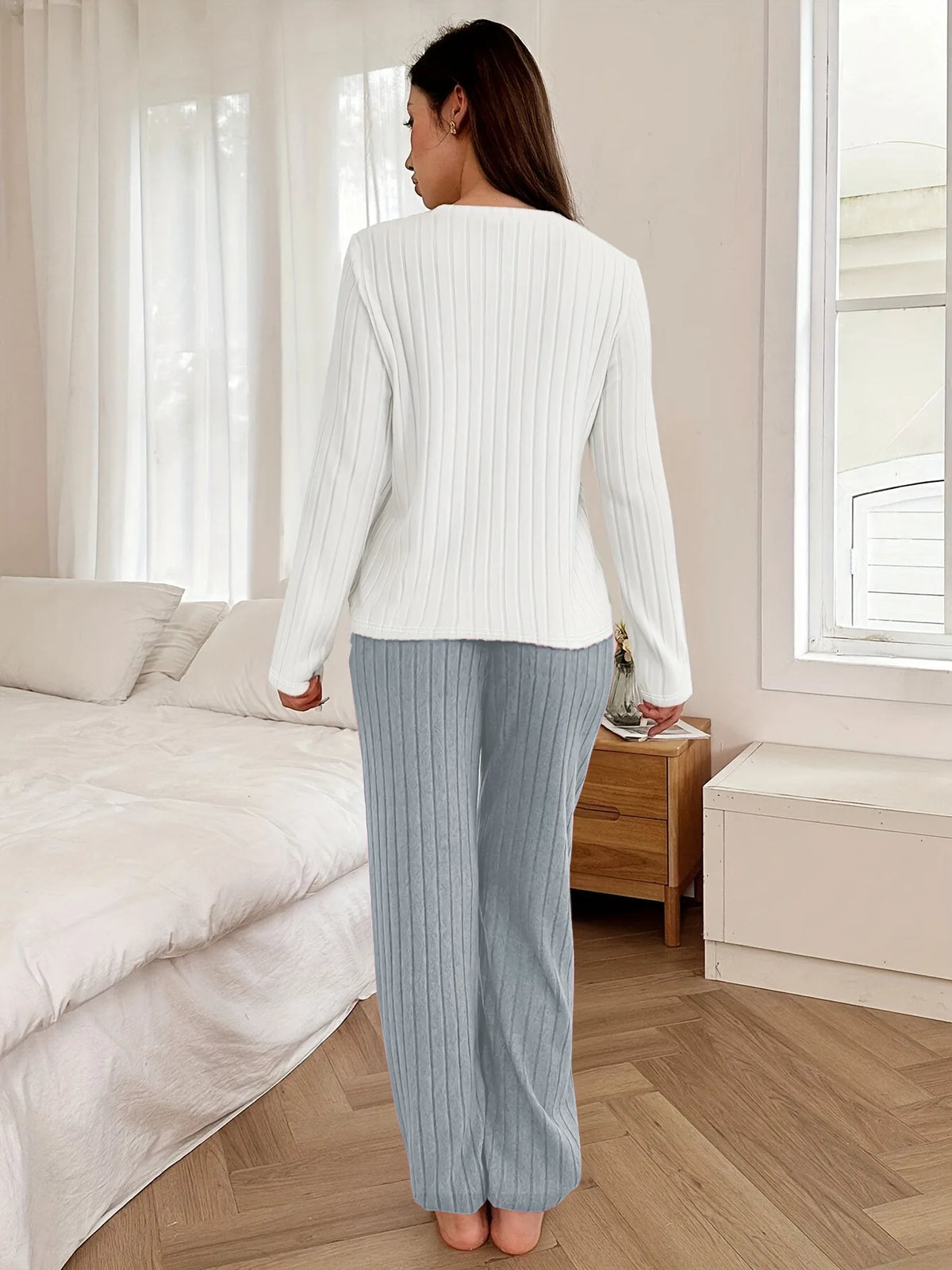 Women Autumn Winter Warm Pajamas Set Casual Fleece-Lined Round Neck Long Sleeve Tops and Trouses Sets Homewear Loungewear