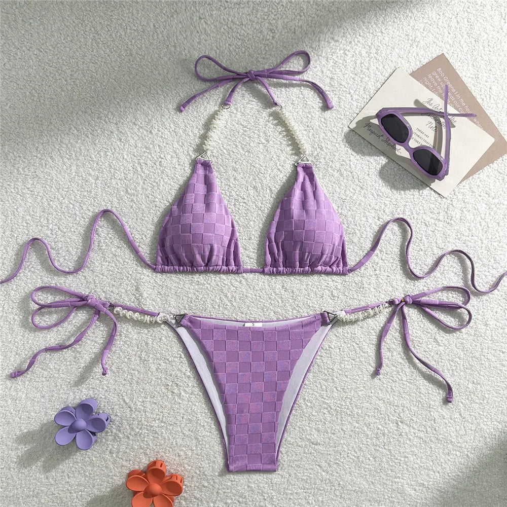 Light Purple Swimwear Pearl String Halter Micro Bikini Thong 2026 Sexy Swimsuit Women Bathing Suit Triangle Bikinis Sets Mujer