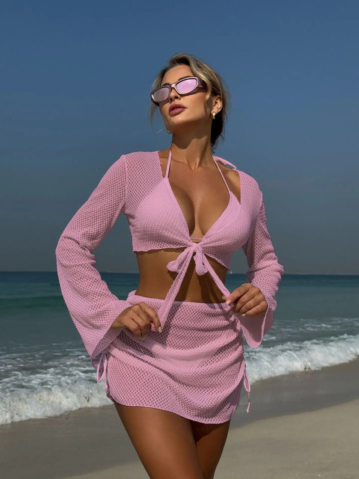 Summer 4 Piece Bikini Set 2025 Women Sexy Black Long Sleeve Cover Up and Skirt Swimsuit Beach Bathing Suit Holiday Swimwear
