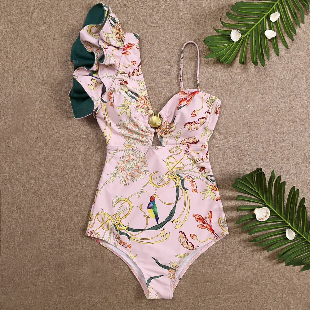 2023 Sexy One Piece Swimsuit One Shoulder RuffleSwimwear Women Bathing Suit Print Floral Beachwear Luxury Monokini