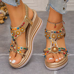 National Wind Beaded Wedge Heels Sandals Women Chunky Platform Slip On Gladiator Sandals Woman Plus Size 43 High Heel Sandalias