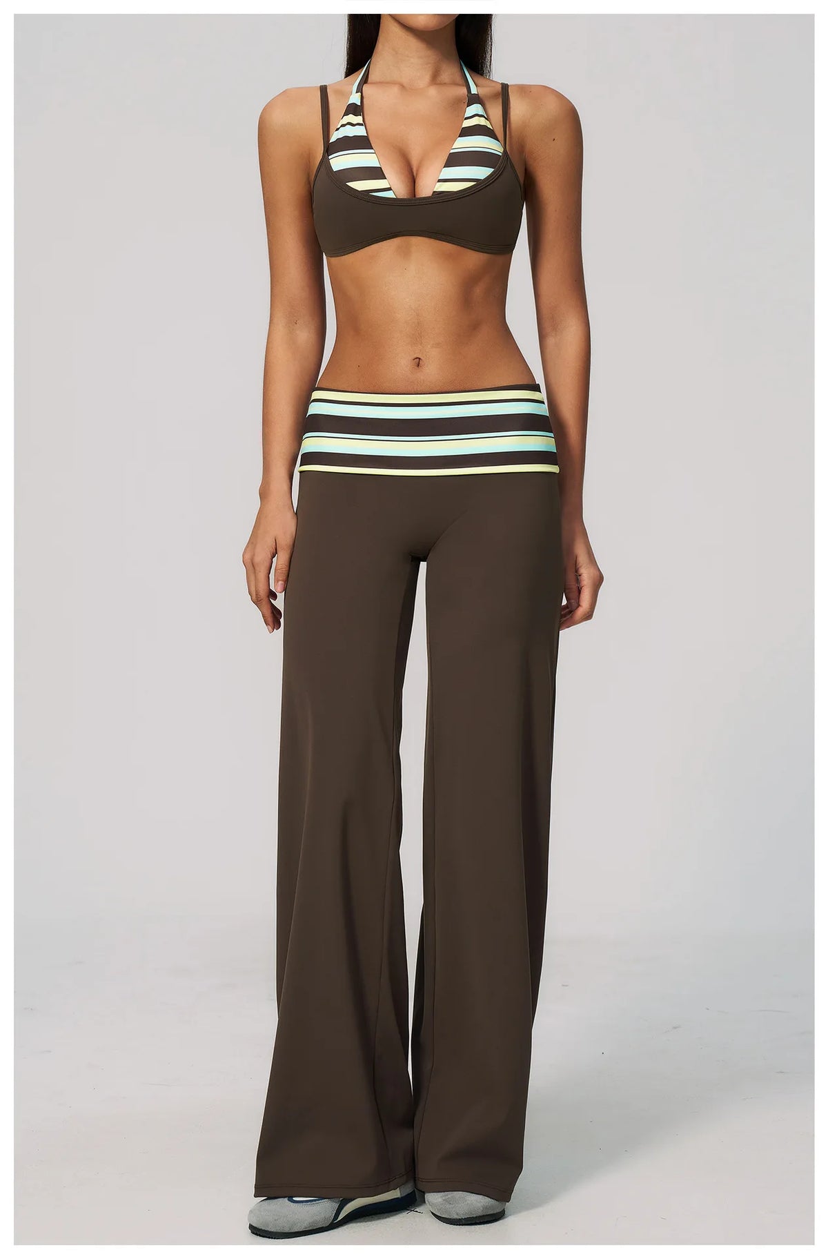 Fake Two-piece Sports Bra Yoga Sets Women Coffee Striped Patchwork Folding High Waist Wide Leg Pants Gym Running Fitness Suits