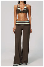 Fake Two-piece Sports Bra Yoga Sets Women Coffee Striped Patchwork Folding High Waist Wide Leg Pants Gym Running Fitness Suits