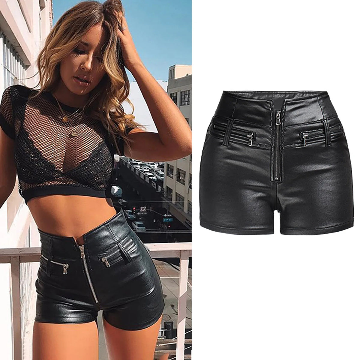 Women's Zipper Pu Leather Shorts High Waist Stretch Slim Lift Hip Motorcycle Shorts Summer Sexy Bodycon Black Leather Shorts