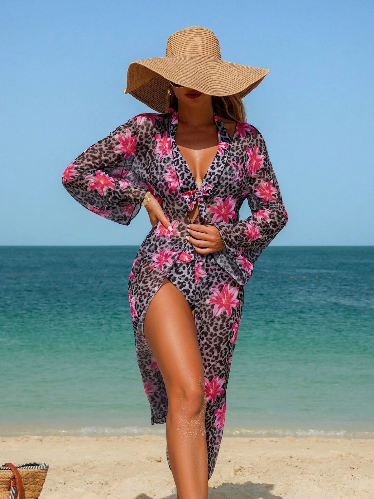 Blue Leopard Print Bikini Set Large Size Women Front Tie Push Up High Waist Swimsuit 2026 Long Sleeve Cover Up 3 Piece Swimsuit