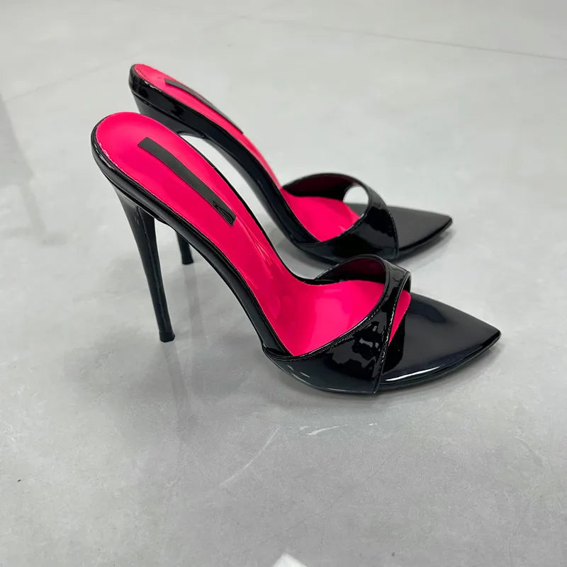 Patchwork Stiletto Heel Slippers Newest Pointed Open Toe One Strap Thin Heel Slip-on Sandals Sexy Big Size Dress Heels 12cm