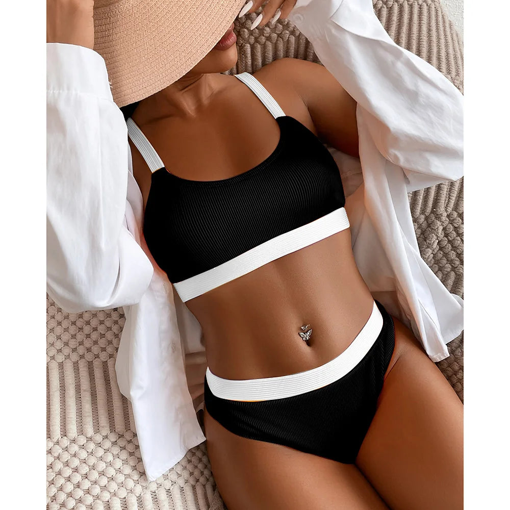 Orange High Waist Bikini 2022 Swimsuits Push Up Swimwear Women Splicing Biquini Beachwear Sexy Ribbed Bathing Suits Female New