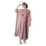 Women Summer Nightdress Short Sleeve Loose Breathable Comfortable Sleeping Polyester Stripes Print Night Robe Women Clothing