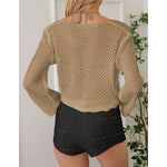 V Neck Long Sleeve Hollow Out Crochet Knitted Tunic Beach Dress Beach Wear Beachwear Beach Cover Up Cover-upsFemale Women V7192