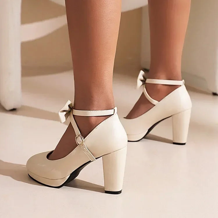 Spring and Autumn New Style Fashion Round Head High-heeled Women's Shoes Sweet Bow Shallow Mouth Buckle Thick Heel Women Shoes
