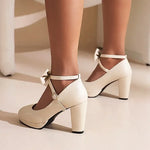 Spring and Autumn New Style Fashion Round Head High-heeled Women's Shoes Sweet Bow Shallow Mouth Buckle Thick Heel Women Shoes