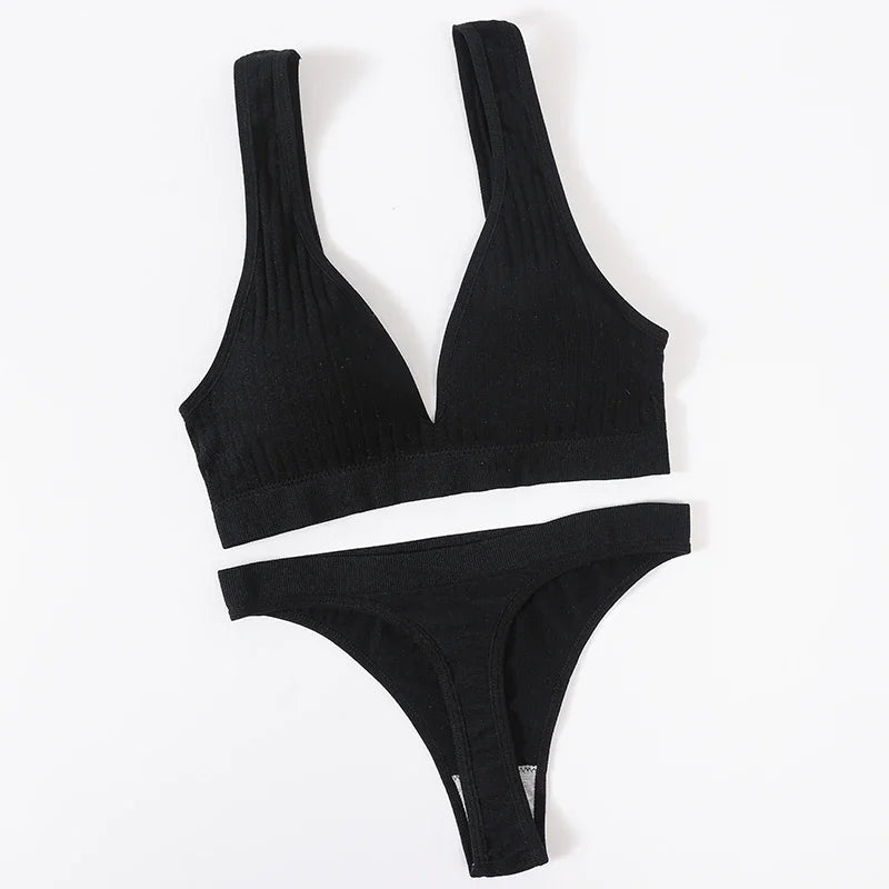 Women Seamless Bra And Panties Set Push Up Bras High Leg Cut Thongs Sport Wireless Brassiere Sexy Lingerie Ribbed Underwear
