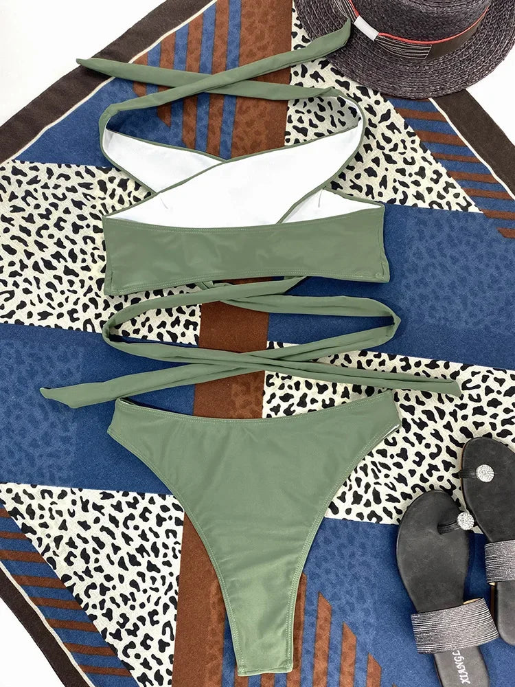 Halter Cross Bandage High Cut Bikini Female Swimsuit Women Swimwear Two-pieces Bikini Set Hollow Out Bather Bathing Suit Swim