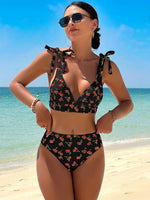 Black Cherry Print Bikini Set 2026 Women Tie Up Strap V Neck Push Up High Waist Swimsuit Cut Out Bathing Suit Two Piece Swimwear