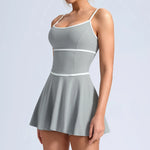 Summer Color Blocking Tennis Dresses Women Thin Shoulder Strap Slim Workout Golf Skirts Outwear Gym Running Pleate Dress