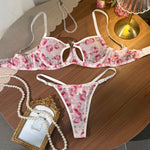 French Romantic Pink Rose Print Sheer Mesh Lingerie Set Heart Cutout Underwire Bra & Thong