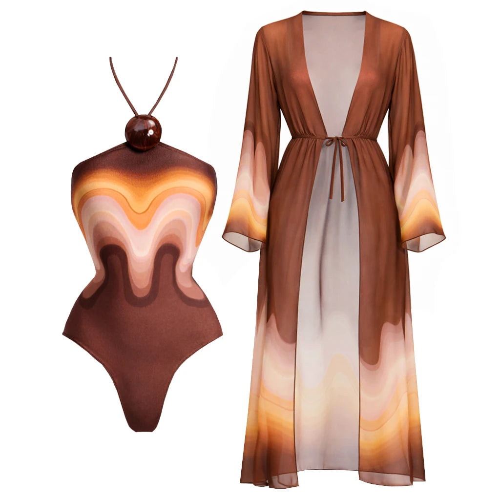Sexy Off Shoulder Colorful Women One Piece Swimsuit With Beach Cover Ups Fashion Lady Bikini Swimwear Bathing Suit Beachwear