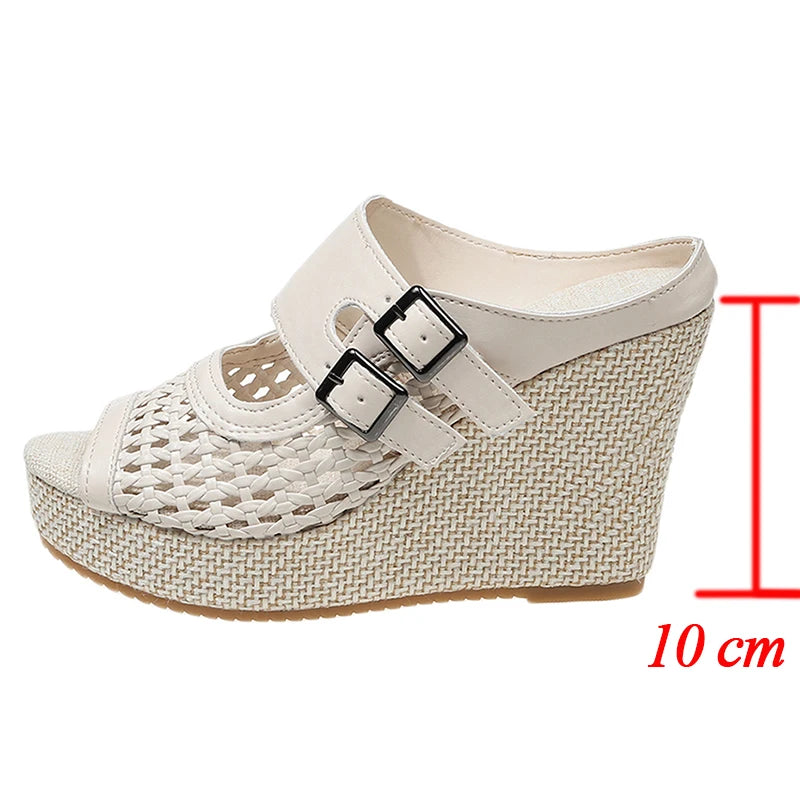 Hollow Out Chunky Wedges Sandals Women Fashion Buckle Peep Toe Super High Heels Sandals Woman Plus Size 43 Platform Slippers