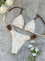2025 Boho Crochet Bikini Set Cream Knit with Leather Straps Metal Buckles Perfect for Beach Wear Pool Parties Summer Getaways