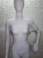 Women Rhinestone Fishnet T-shirt Solid Color Long Sleeve Crop Tops See Through Hollow Out Sexy Shirts Female Smock Tops