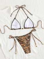 Sexy Coffee Tiger Print Micro Bikini 2026 Women Halter Push Up Bra Tie Side Thong Swimsuit Brazilian Beach Bathing Suit Swimwear