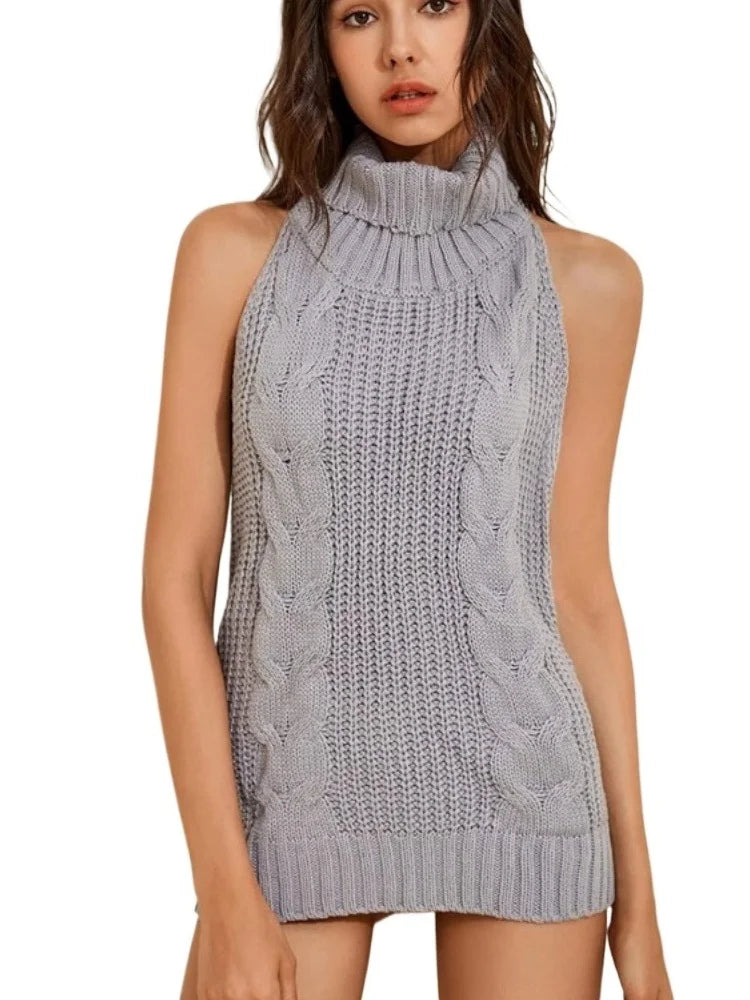 Women's Sleeveless Turtleneck Cable Knit Backless Mini Dress Sexy Virgin Killer Sweater Lingeries Halter Neck Intimate Uniforms