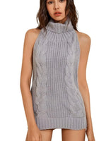 Women's Sleeveless Turtleneck Cable Knit Backless Mini Dress Sexy Virgin Killer Sweater Lingeries Halter Neck Intimate Uniforms