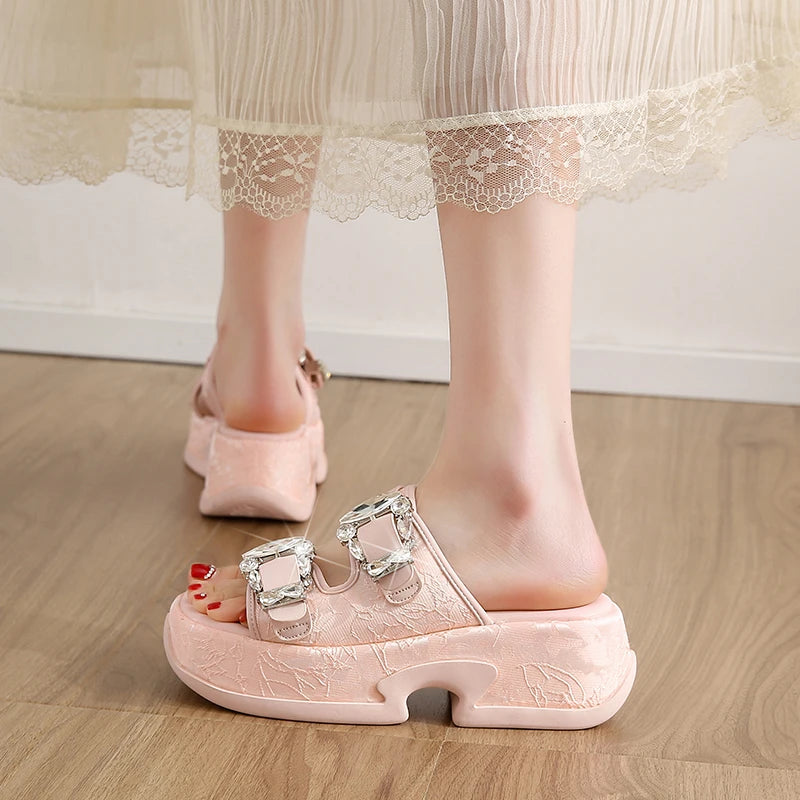 Luxury Rhinestone Thick Bottom Sandals Women 2026 New Silk Satin Embroidery High Heel Sandals Woman Summer Thick Heeled Slippers