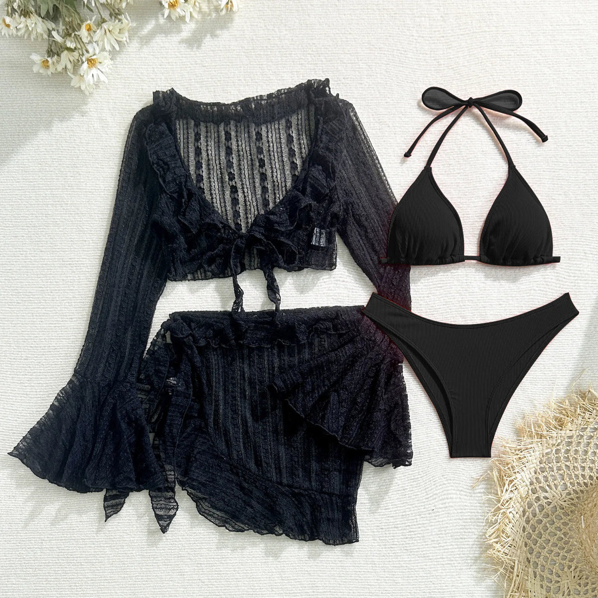 Sexy 4 Pieces Bikinis Sets Women Mesh Long Sleeve Cover Up Beach Skirt Swimwear Holiday Beach Bathing Suit Patchwork Swimsuit