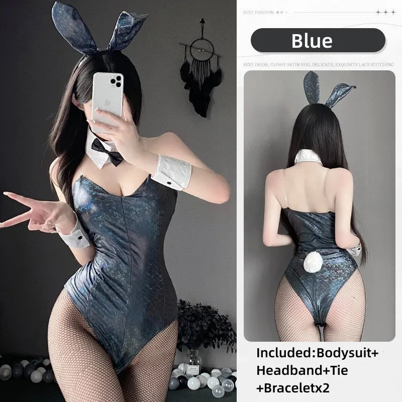 Bunny Girl Costume Women Sexy Cosplay Lingerie PU Faux Leather Bodysuit with Tie Headband Set Kawaii Rabbit Suit Uniform