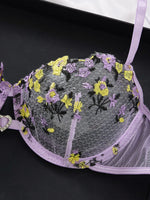 Women's Purple Floral Embroidery Lingerie Set Half Cup Push Up Bra And Thong Sheer Mesh Lace Comfortable Sexy Underwear ZA824026