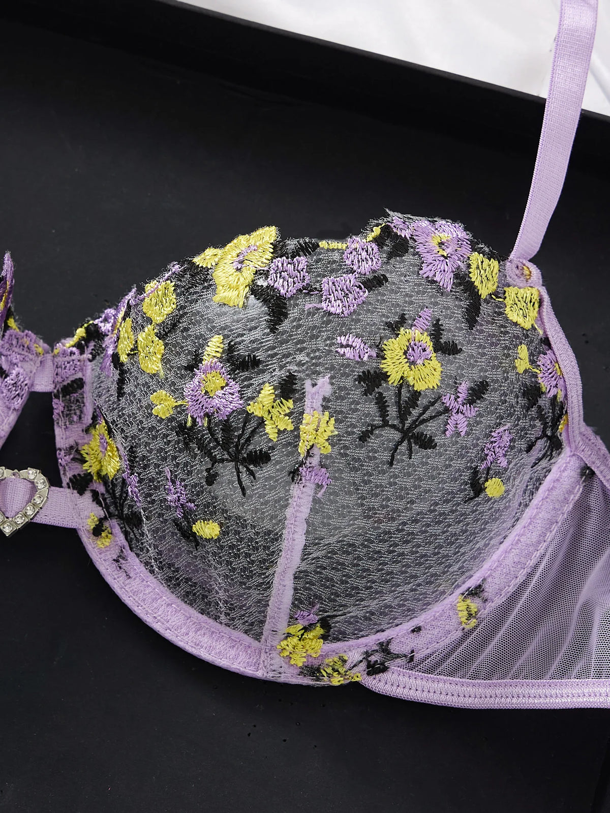 Women's Purple Floral Embroidery Lingerie Set Half Cup Push Up Bra And Thong Sheer Mesh Lace Comfortable Sexy Underwear ZA824026