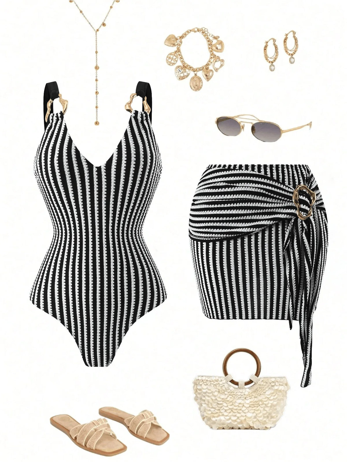 Vintage Black Striped Swimwear Skirts Set Women 2026 Metal Buckle Strap V Neck Slimming Bathing Suit Holiday One Piece Swimsuit