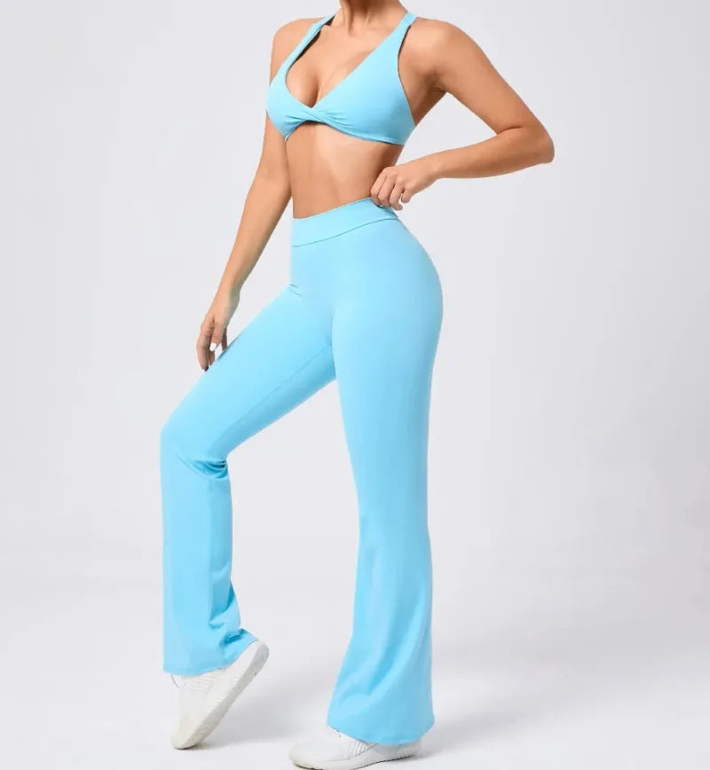 Women's Seamless Yoga Sets Brushed Fabric Flared Hip-Lifting Pants Cross Beauty Back Bra Suits Gym Workout Fitness Training Sets