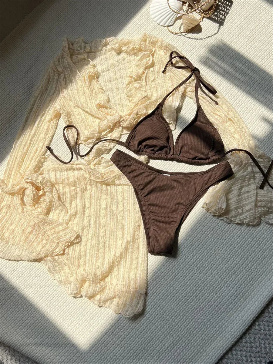 Sexy 4 Pieces Bikinis Sets Women Mesh Long Sleeve Cover Up Beach Skirt Swimwear Holiday Beach Bathing Suit Patchwork Swimsuit