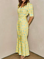 FDYOUI 2026 Summer V-neck Short Sleeve Floral Print Yellow Party Dress Women Single Breasted Lace-up Slim Long Vacation Dresses