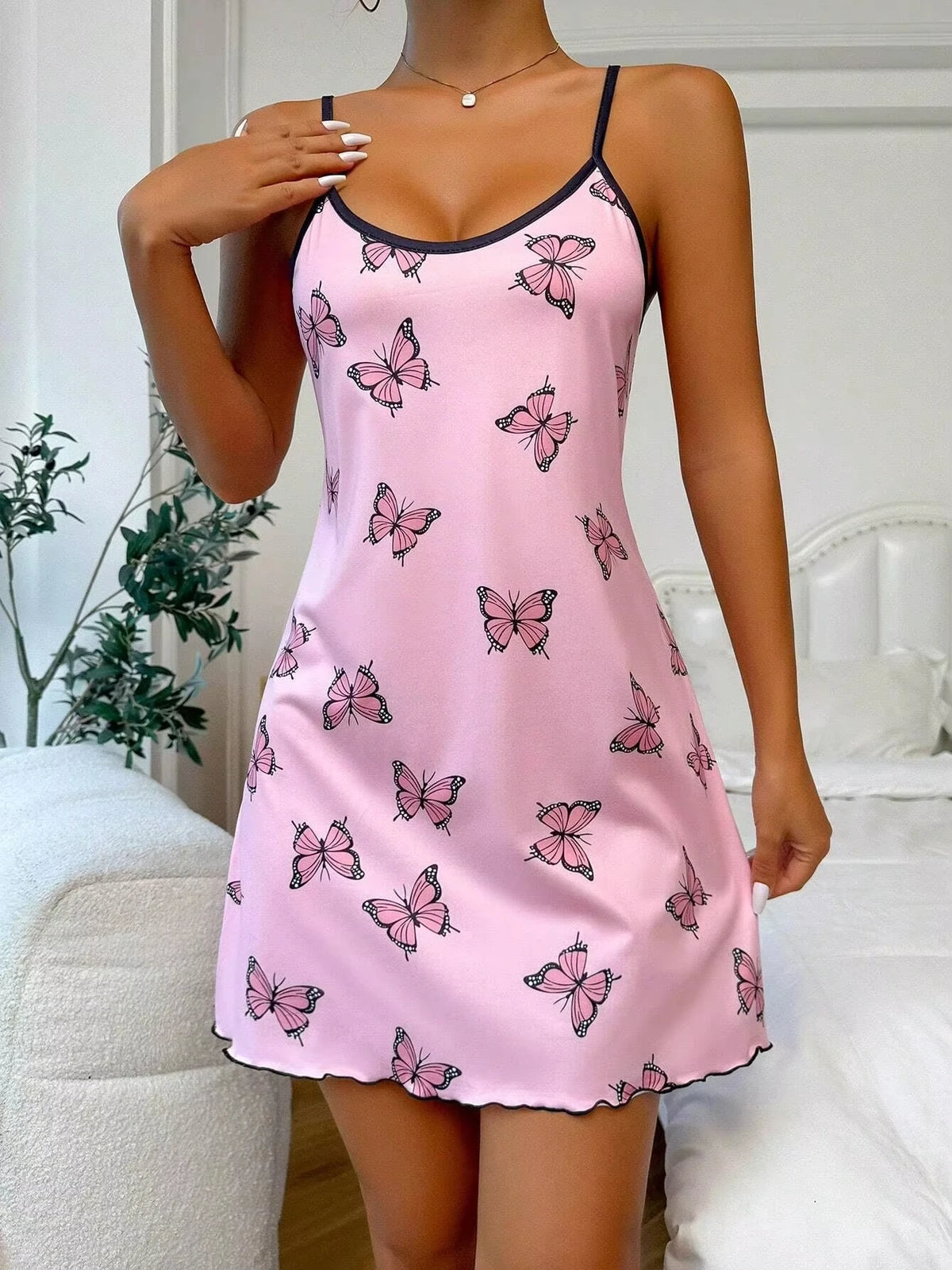 Printed Butterfly Nightgown Ladies Home Wear Comfortable Home Leisure Sexy Can Be Worn Outside Halter Dresses