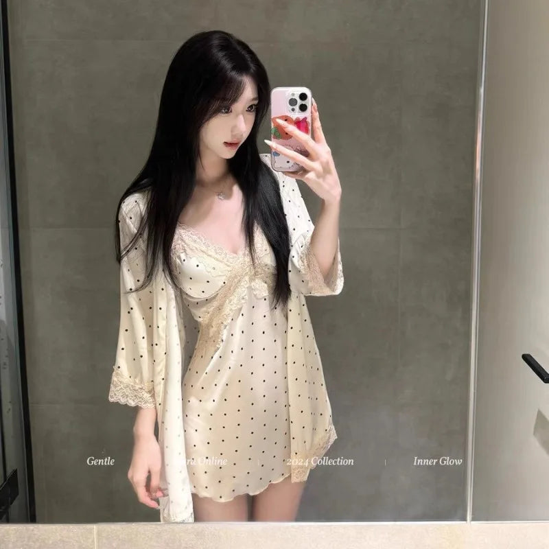 Cute Dress Sexy Charming Pointed Collar Suspender Nightgown Women Summer Satin Fabric V-neck Lace Pajama Set for Home Wear NEW