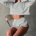 Summer Striped Pajama Sets for Women Sleepwear Long Sleeve Top and Shorts 2 Piece Set Casual Home Wear Loungewear