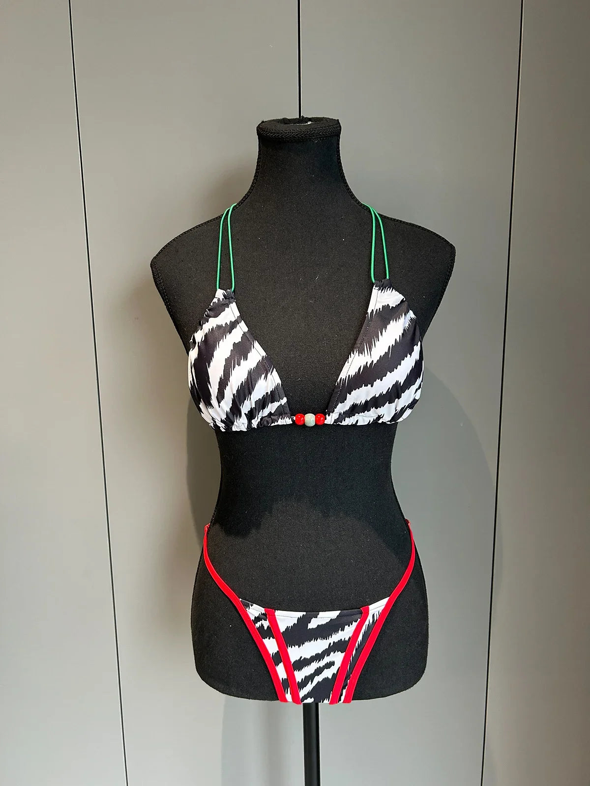 Sexy Red Zebra Print Contrast Bikini Set 2026 Women Double Strap Push Up Bra Bandage Thong Swimwear Bathing Suit Micro Swimsuit