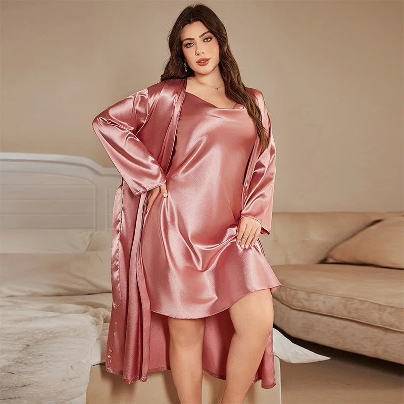 PLUS SIZE Wedding Bride Long Robe Nightgown Set Silky Satin Sleepwear Female Kimono Bathrobe Gown Loose Home Clothes 3XL 4XL 5XL