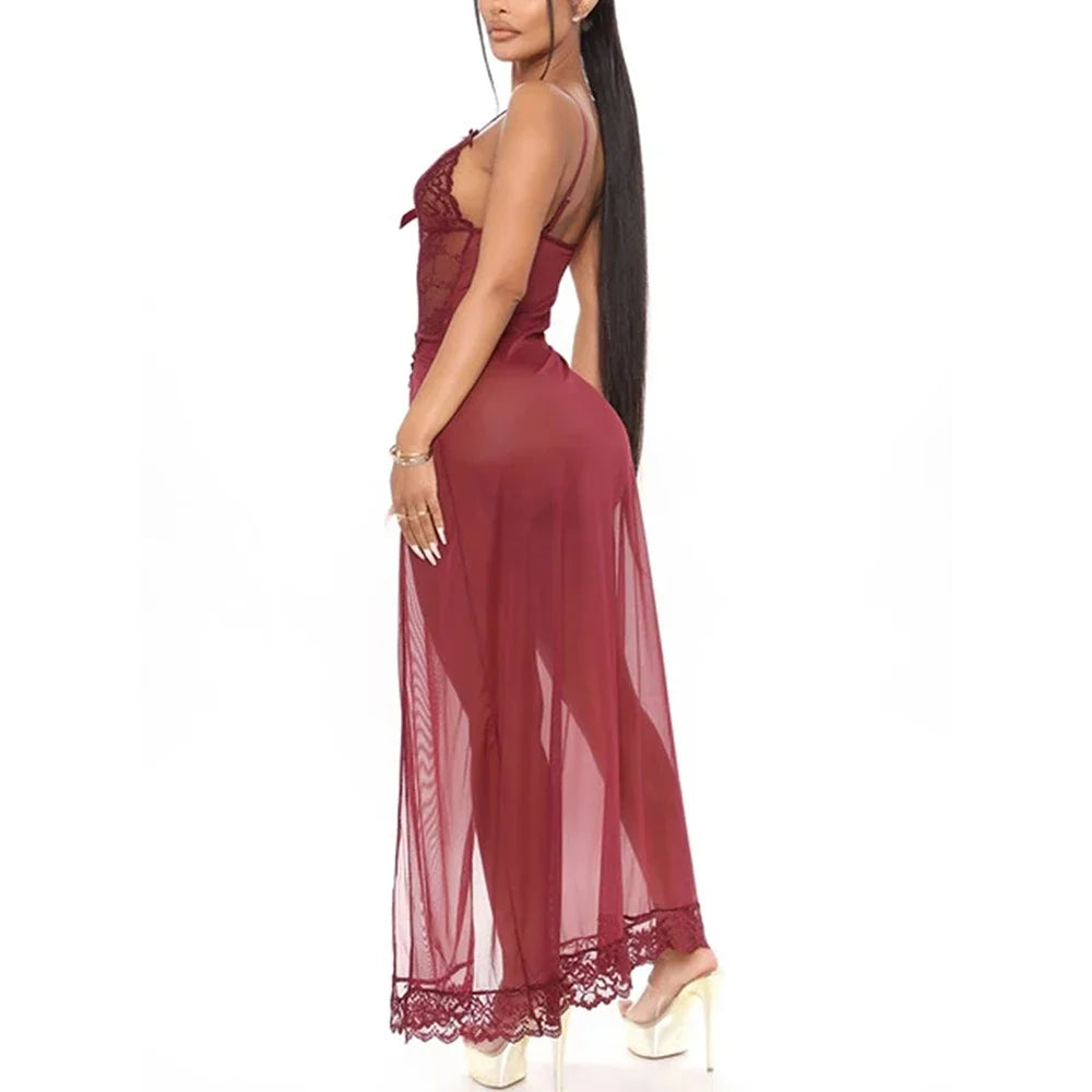 Sexy Long Underwear Dresses for Women Lace SeeThrough Nightgown Erotic Ladies Lingerie Sleepwear Nightgown